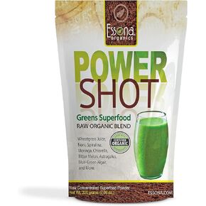 100% Pure - RAW Organic Vegan - Power Shot Greens Superfood Blend - Spirulina, Chlorella, Wheat Grass, Blue-Green Al, Moringa + - 60 Servings from Essona Organics, Powder - 180 GMS. Order Today! in Saudi Arabia