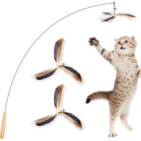 JXFUKAL Cat Wand Toys, Interactive Cat Toys with 3 Feather Refills, 29'' Flexible Steel Wire, Sturdy Wood Handle & Bell for Kitty Kitten, Cat Toys for Indoor Cats Teaser Cat String Toy in Kuwait