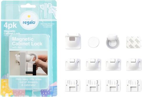 قفل مغناطيسي للخزانة والأدراج من ريجالو هوم سيفتي، علامة تجارية حائزة على جوائز، 4 عبوات، تتضمن 4 أقفال خزانة مغناطيسية، 1 مفتاح مغناطيسي، سهل التركيب، لاصق 3M، أبيض in Kuwait