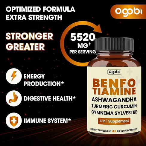 مكمل أغوبي بنفوتيامين 5520 ملغ - دعم الهضم وإنتاج الطاقة والجهاز المناعي - 4 في 1 مع جذر الكركمين الكركم، وجذور الأشواغاندا والجيمنيما سيلفستر العضوي - 60 كبسولة in Kuwait
