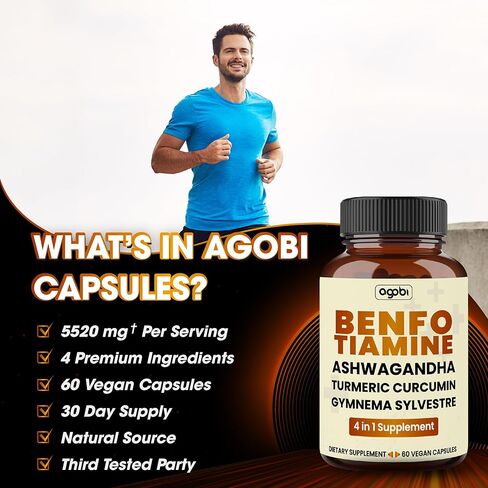 مكمل أغوبي بنفوتيامين 5520 ملغ - دعم الهضم وإنتاج الطاقة والجهاز المناعي - 4 في 1 مع جذر الكركمين الكركم، وجذور الأشواغاندا والجيمنيما سيلفستر العضوي - 60 كبسولة in Kuwait