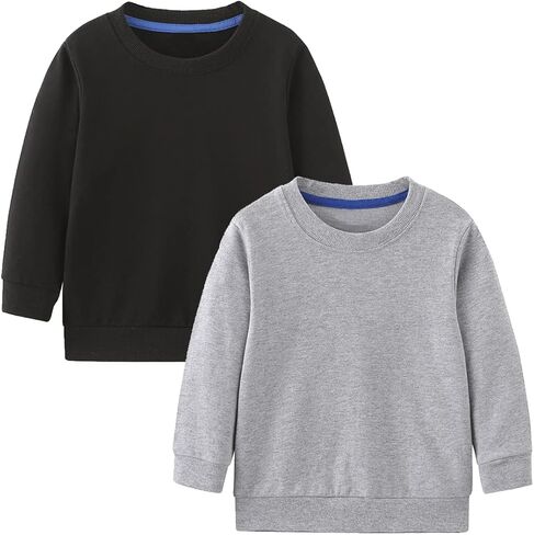 سويت شيرت GFQLONG للأطفال الصغار مكون من قطعتين من القطن برقبة دائرية، بلوفر علوي سادة بأكمام طويلة للأطفال، أسود + رمادي 5-6T in Kuwait