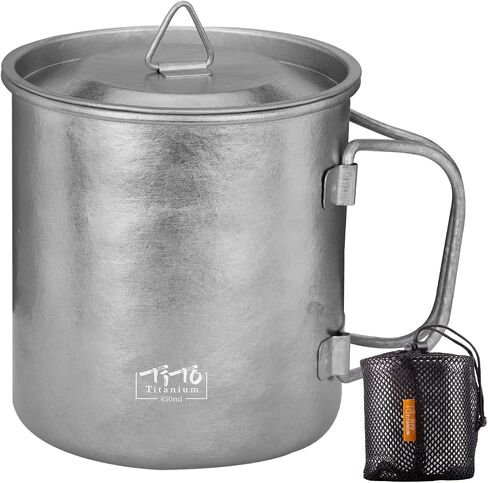 TiTo Titanium Cup Titanium Pot with Lid Ultralight Portable 450ml Foldable Handle Camping Tea Coffee Water Mug for Outdoor Backpacking Hiking Picnic Drinkware with Mesh Sack (Bright Blue) in Kuwait