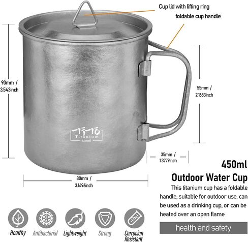 TiTo Titanium Cup Titanium Pot with Lid Ultralight Portable 450ml Foldable Handle Camping Tea Coffee Water Mug for Outdoor Backpacking Hiking Picnic Drinkware with Mesh Sack (Bright Blue) in Kuwait