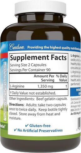 Carlson - L-Arginine, 675 mg, Circulatory Health, Support, 180 Capsules in Saudi Arabia