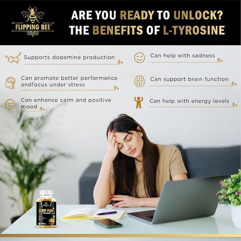 FLIPPING BEE يعزز فيتامينات العلكة، التركيز ودعم الحالة المزاجية، 5HTP 75 مجم + L-Tyrosine 1000 مجم، تركيبة النوم والرفاهية، مكمل للعقل للرجال والنساء، (60 علكة) in Kuwait