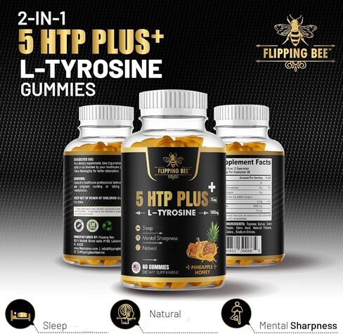 FLIPPING BEE يعزز فيتامينات العلكة، التركيز ودعم الحالة المزاجية، 5HTP 75 مجم + L-Tyrosine 1000 مجم، تركيبة النوم والرفاهية، مكمل للعقل للرجال والنساء، (60 علكة) in Kuwait