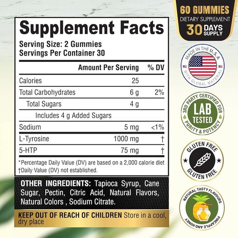 FLIPPING BEE يعزز فيتامينات العلكة، التركيز ودعم الحالة المزاجية، 5HTP 75 مجم + L-Tyrosine 1000 مجم، تركيبة النوم والرفاهية، مكمل للعقل للرجال والنساء، (60 علكة) in Kuwait