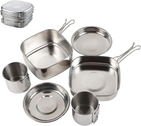 6 قطع المحمولة التخييم الطبخ عدة الفوضى للتخييم شخصين الفولاذ المقاوم للصدأ المضغوط التخييم مجموعة الطبخ خفيفة الظهر حقيبة الطبخ للتخييم والمشي in Kuwait