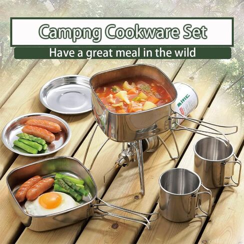 6 قطع المحمولة التخييم الطبخ عدة الفوضى للتخييم شخصين الفولاذ المقاوم للصدأ المضغوط التخييم مجموعة الطبخ خفيفة الظهر حقيبة الطبخ للتخييم والمشي in Kuwait