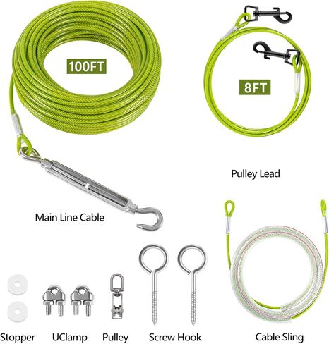 XiaZ 100FT Dog Runner for Yard, Dog Tie Out Cable Trolley Line for Dogs up to 250lbs, Aerial Dog Chain for Outside, Yard, Camping, with 8FT Bungee Run Leash, Cable Sling to Protect Trees，Green in Kuwait