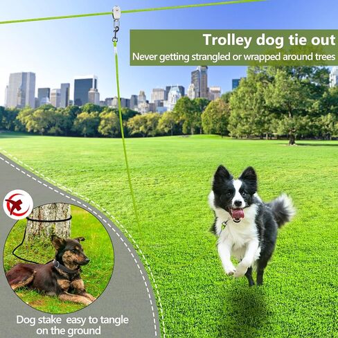 XiaZ 100FT Dog Runner for Yard, Dog Tie Out Cable Trolley Line for Dogs up to 250lbs, Aerial Dog Chain for Outside, Yard, Camping, with 8FT Bungee Run Leash, Cable Sling to Protect Trees，Green in Kuwait