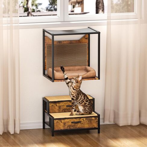 LiebeRen Cat Window Perch with Stairs, Pet Bunk Bed for Dogs &Cats with Drawers Storage, Cat Furniture Wall Mounted or Floor Use with Scratch Pad, Pet Window Perch Cat Furniture with Mats for Bedside in Kuwait