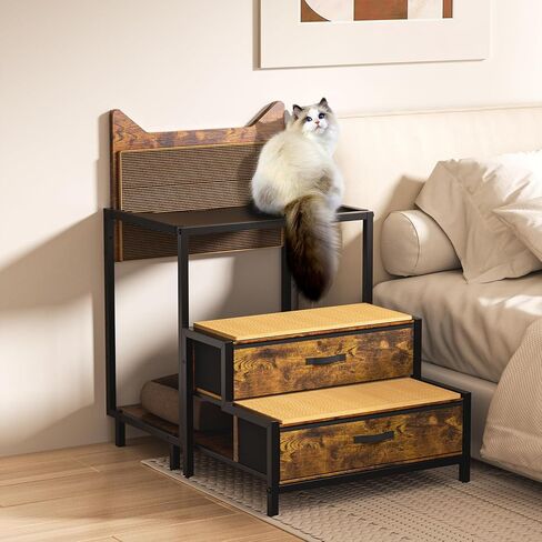 LiebeRen Cat Window Perch with Stairs, Pet Bunk Bed for Dogs &Cats with Drawers Storage, Cat Furniture Wall Mounted or Floor Use with Scratch Pad, Pet Window Perch Cat Furniture with Mats for Bedside in Kuwait