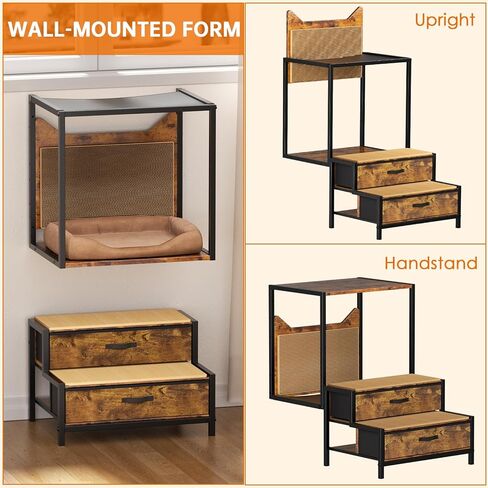 LiebeRen Cat Window Perch with Stairs, Pet Bunk Bed for Dogs &Cats with Drawers Storage, Cat Furniture Wall Mounted or Floor Use with Scratch Pad, Pet Window Perch Cat Furniture with Mats for Bedside in Kuwait