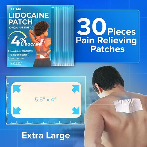 JJ CARE Lidocaine Patches [Pack of 30], 4% Lidocaine Pain Patches Maximum Strength, 4" x 5.5" Lidocaine Back Pain Relief Patches for Fast Numbing of Aches, Pains, Back, Neck, Shoulder, Muscle Soreness in Kuwait