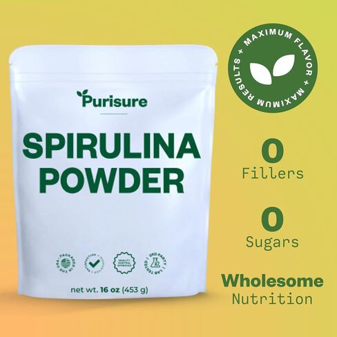 Purisure Organic Spirulina Powder, 453g, Pure Spirulina Powder, Green Algae Powder Superfood Supplement, Preferred to Chlorella, Vegan Spirulina Powder for Smoothies and Protein Drinks, 151 Servings in Kuwait