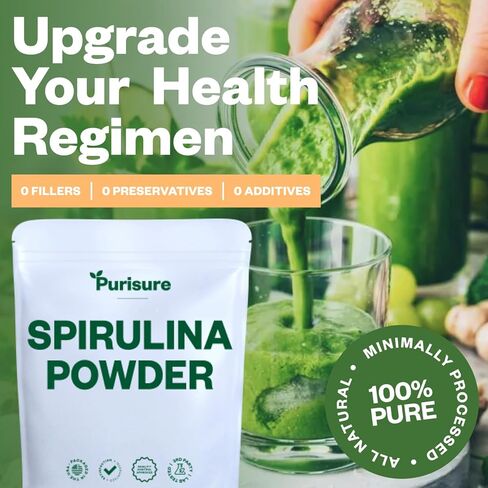 Purisure Organic Spirulina Powder, 453g, Pure Spirulina Powder, Green Algae Powder Superfood Supplement, Preferred to Chlorella, Vegan Spirulina Powder for Smoothies and Protein Drinks, 151 Servings in Kuwait
