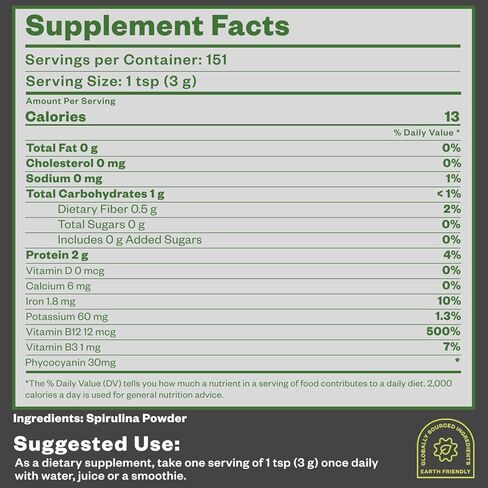 Purisure Organic Spirulina Powder, 453g, Pure Spirulina Powder, Green Algae Powder Superfood Supplement, Preferred to Chlorella, Vegan Spirulina Powder for Smoothies and Protein Drinks, 151 Servings in Kuwait
