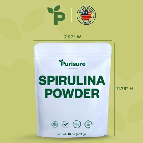 Purisure Organic Spirulina Powder, 453g, Pure Spirulina Powder, Green Algae Powder Superfood Supplement, Preferred to Chlorella, Vegan Spirulina Powder for Smoothies and Protein Drinks, 151 Servings in Kuwait