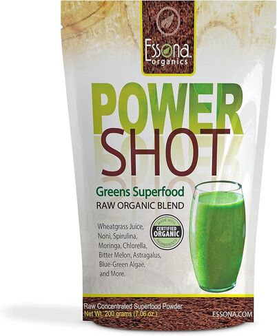 100% Pure - RAW Organic Vegan - Power Shot Greens Superfood Blend - Spirulina, Chlorella, Wheat Grass, Blue-Green Al, Moringa + - 60 Servings from Essona Organics, Powder - 180 GMS. Order Today! in Saudi Arabia