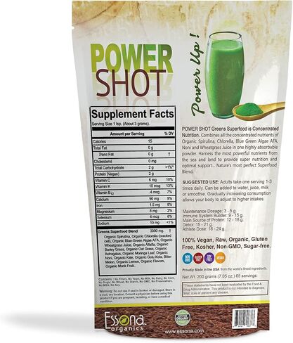 100% Pure - RAW Organic Vegan - Power Shot Greens Superfood Blend - Spirulina, Chlorella, Wheat Grass, Blue-Green Al, Moringa + - 60 Servings from Essona Organics, Powder - 180 GMS. Order Today! in Saudi Arabia