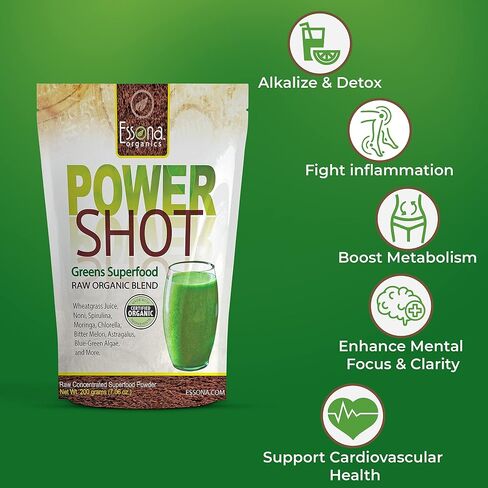100% Pure - RAW Organic Vegan - Power Shot Greens Superfood Blend - Spirulina, Chlorella, Wheat Grass, Blue-Green Al, Moringa + - 60 Servings from Essona Organics, Powder - 180 GMS. Order Today! in Saudi Arabia