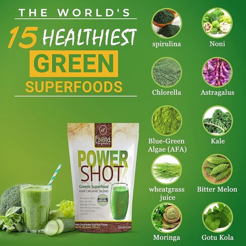 100% Pure - RAW Organic Vegan - Power Shot Greens Superfood Blend - Spirulina, Chlorella, Wheat Grass, Blue-Green Al, Moringa + - 60 Servings from Essona Organics, Powder - 180 GMS. Order Today! in Saudi Arabia