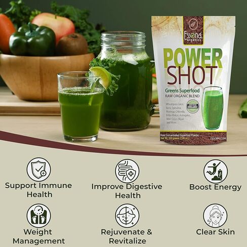 100% Pure - RAW Organic Vegan - Power Shot Greens Superfood Blend - Spirulina, Chlorella, Wheat Grass, Blue-Green Al, Moringa + - 60 Servings from Essona Organics, Powder - 180 GMS. Order Today! in Saudi Arabia