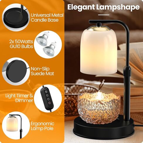 Candle Warmer Lamp with 2 Light Bulbs, Wax Melt for Scented Candles with Timer, Vintage Frosted Glass Shape Candle Lamp Compatible with Jar Candles Electric Dimmable, Black in Saudi Arabia