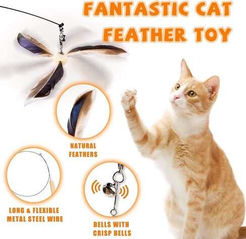 JXFUKAL Cat Wand Toys, Interactive Cat Toys with 3 Feather Refills, 29'' Flexible Steel Wire, Sturdy Wood Handle & Bell for Kitty Kitten, Cat Toys for Indoor Cats Teaser Cat String Toy in Kuwait