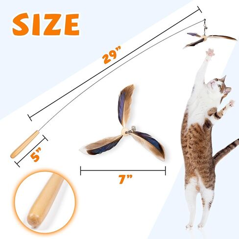 JXFUKAL Cat Wand Toys, Interactive Cat Toys with 3 Feather Refills, 29'' Flexible Steel Wire, Sturdy Wood Handle & Bell for Kitty Kitten, Cat Toys for Indoor Cats Teaser Cat String Toy in Kuwait