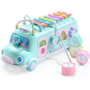 EFOSHM Intellectual School Bus Baby Toy, Piano Music Bus Toys Toddler for 1-3 Years,Shape Puzzles Knocking Piano Educational Musical Toys Gifts for 1 Year Old Boy and Girl Christmas Birthday