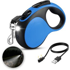 LMVVC Retractable Dog Leash 16Ft Durable Dog Walking Leash Suits for Medium Dogs or Cats with LED Flashlight and New Upgraded Charging Port Heavy Duty Pet Walking Up to 66lbs Blue
