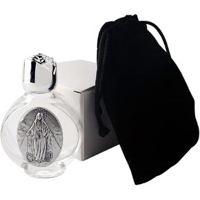 Luomu Glass Holy Water Bottle 0.5 floz with Silver-Toned Cap and Silver-Toned Depiction of The Holy Family (Immaculate Heart)