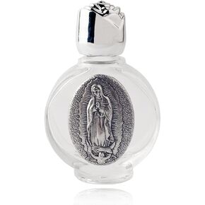 Luomu Glass Holy Water Bottle 0.5 floz with Silver-Toned Cap and Silver-Toned Depiction of The Holy Family (Immaculate Heart)