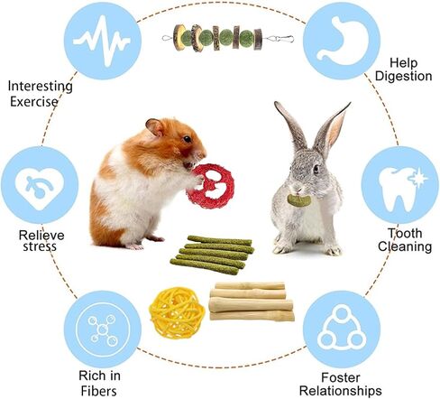 Grddaef Rabbit Chew Toys for Teeth, Natural Bunny Toys Apple Wood Grass Timothy Sticks Chew and Treat for Guinea Pigs Hamster Chinchillas in Kuwait