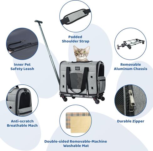 حاملة للكلاب والقطط مع عجلات، حقيبة حاملة للحيوانات الأليفة قابلة للطي ومعتمدة من شركة الطيران، حاملة سفر للحيوانات الأليفة مع مقبض تلسكوبي وحزام كتف للحيوانات الصغيرة والمتوسطة أثناء السفر وزيارات الطبيب البيطري في الهواء الطلق (رمادي) in Kuwait
