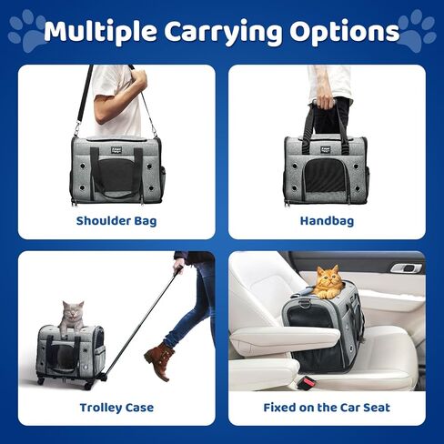 حاملة للكلاب والقطط مع عجلات، حقيبة حاملة للحيوانات الأليفة قابلة للطي ومعتمدة من شركة الطيران، حاملة سفر للحيوانات الأليفة مع مقبض تلسكوبي وحزام كتف للحيوانات الصغيرة والمتوسطة أثناء السفر وزيارات الطبيب البيطري في الهواء الطلق (رمادي) in Kuwait