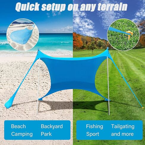 Beach Tent,The One-Piece Camping Awning Set Includes 2 Sets of 6-Section Poles + 4 Plastic Lawn Nails + 2 Tying Ropes,for Camping Trips,Fishing, Backyard Fun or Picnics (118 * 118 * 78IN) in Kuwait