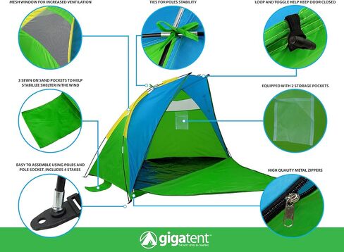 GigaTent Sun Shelter Beach Cabana Tent – Instant Set Up, UV Resistant, Waterproof - 7’ x 4’ with Mesh Windows - Zipper Door Doubles as Floor Extension in Kuwait
