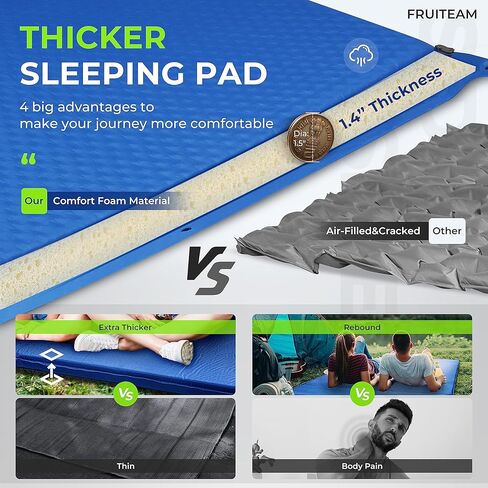 FRUITEAM Double Sleeping Pad for Camping, Self Inflating Camping Pad, Camping Air Mattress, 2 Person Camping Mat with Pillow, Inflatable Foam Camping Pad for Backpacking, Hiking, Blue in Kuwait