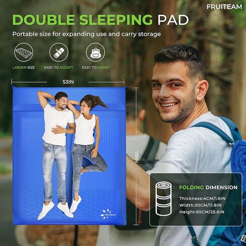 FRUITEAM Double Sleeping Pad for Camping, Self Inflating Camping Pad, Camping Air Mattress, 2 Person Camping Mat with Pillow, Inflatable Foam Camping Pad for Backpacking, Hiking, Blue in Kuwait