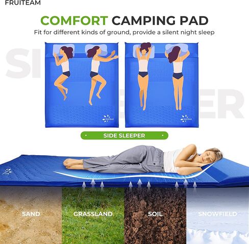 FRUITEAM Double Sleeping Pad for Camping, Self Inflating Camping Pad, Camping Air Mattress, 2 Person Camping Mat with Pillow, Inflatable Foam Camping Pad for Backpacking, Hiking, Blue in Kuwait