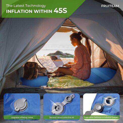 FRUITEAM Double Sleeping Pad for Camping, Self Inflating Camping Pad, Camping Air Mattress, 2 Person Camping Mat with Pillow, Inflatable Foam Camping Pad for Backpacking, Hiking, Blue in Kuwait