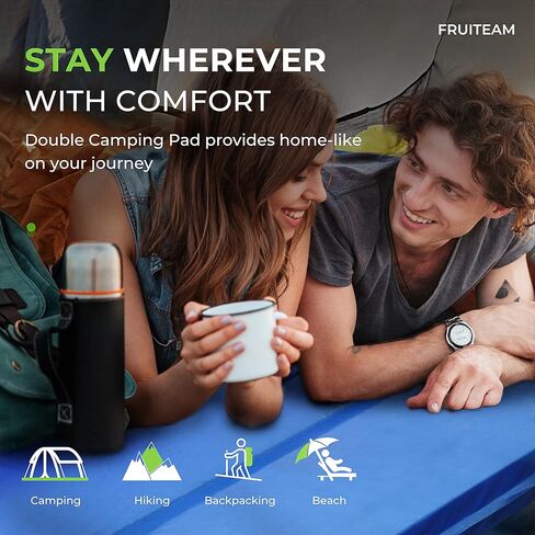 FRUITEAM Double Sleeping Pad for Camping, Self Inflating Camping Pad, Camping Air Mattress, 2 Person Camping Mat with Pillow, Inflatable Foam Camping Pad for Backpacking, Hiking, Blue in Kuwait