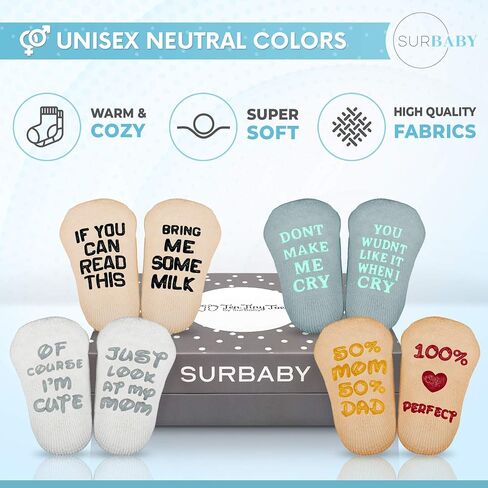 طقم جوارب أطفال SurBaby مع اقتباسات مضحكة (4 أزواج فريدة من نوعها) مجموعة هدايا حديثات للبنات والأولاد - 90% قطن، مضاد للانزلاق، أروع صندوق هدايا - هدايا لحديثي الولادة لمظهر جنس، آباء جديد in Saudi Arabia