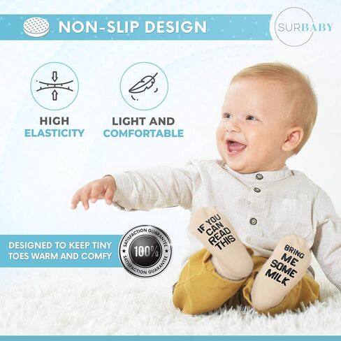 طقم جوارب أطفال SurBaby مع اقتباسات مضحكة (4 أزواج فريدة من نوعها) مجموعة هدايا حديثات للبنات والأولاد - 90% قطن، مضاد للانزلاق، أروع صندوق هدايا - هدايا لحديثي الولادة لمظهر جنس، آباء جديد in Saudi Arabia