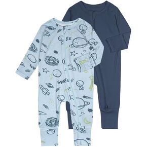 Teach Leanbh Baby Boys Girls 2 Pack Bamboo Viscose Pajamas with Mitten Cuffs 2 Way Zipper Long Sleeve Romper Sleep and Play
