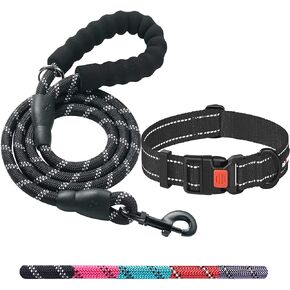 Ladoogo Heavy Duty Dog Leash - Comfortable Padded Handle, 5 ft Long - Dog Leashes for Small Medium Large Dogs (Leash+Collar M Neck 16"-20", Black) in Saudi Arabia